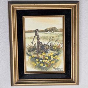 VTG Landscape Oil Painting Countryside Water Well Yellow Daisies Framed Marilyn‎